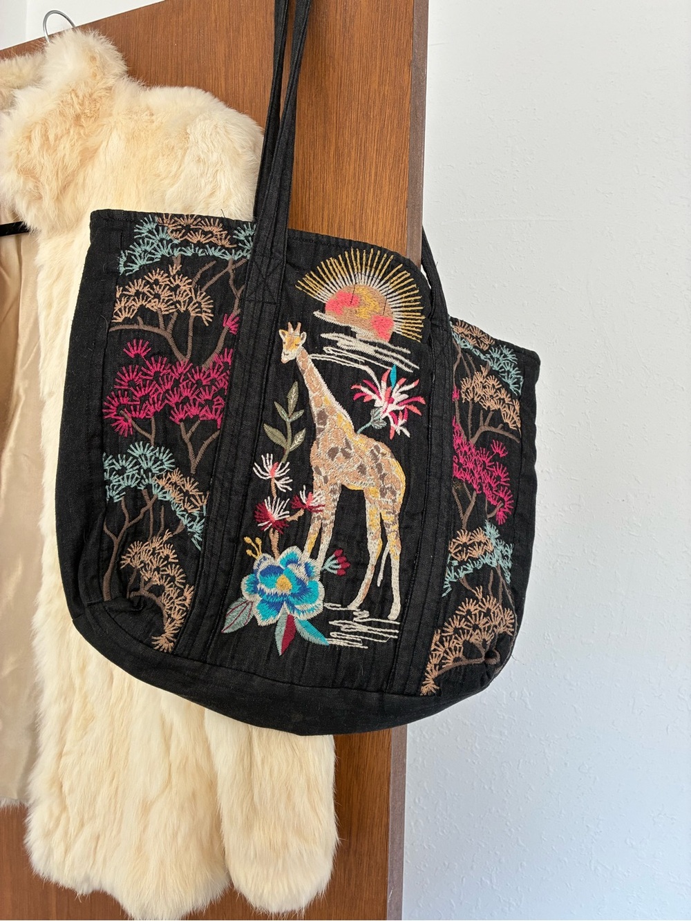 Johnny Was Workshop Embroidered Giraffe Tote Bag - Black Cotton Denim